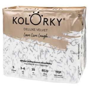 KOLORKY DELUXE VELVET Jednorázové EKO plenky se sametovým povrchem S (3-6 kg) 25 kusů